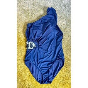 Badgley Mischka Women’s One Shoulder Blue Swimsuit One Piece Size 10 Beaded